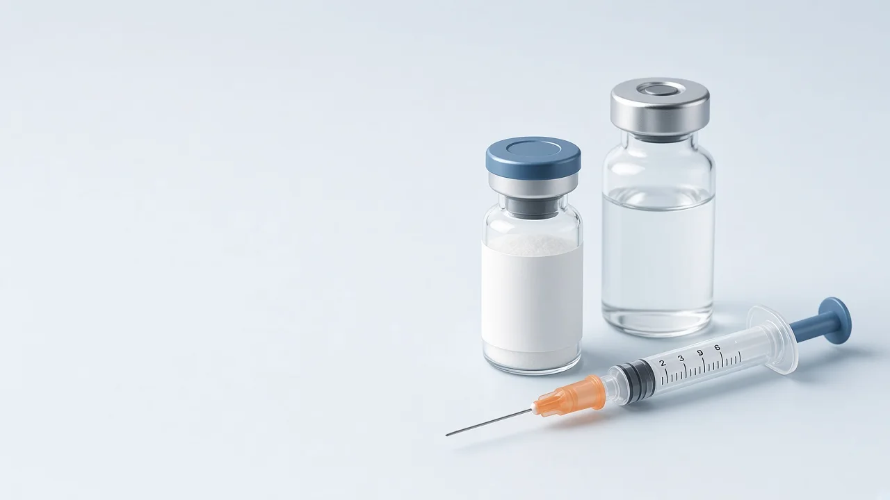A vial of lyophilized peptide, a vial of bacteriostatic water and a U-100 insulin syringe on a pale surface.